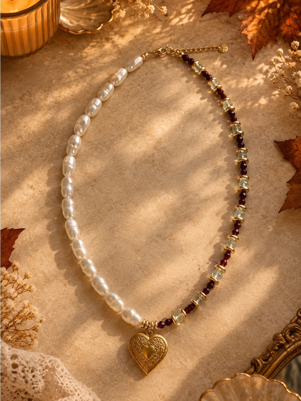Gold Heart Pendant Pearl & Garnet Beaded Necklace with gold plated spacers
